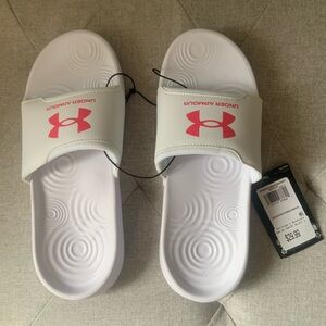 Under Armour White Slides with Pink Logo